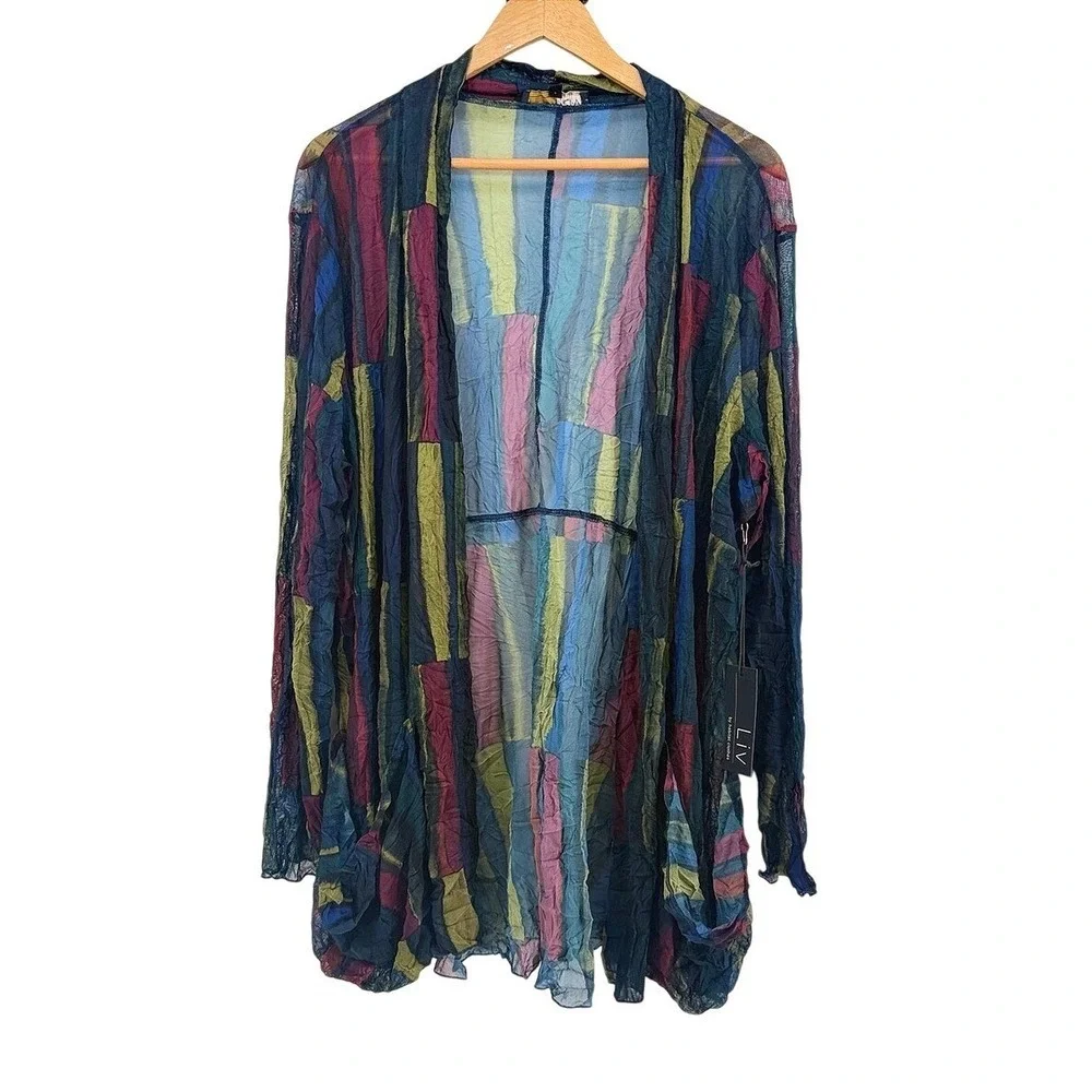 NWT LIV by Habitat Clothes Multi Color Abstract Mesh Crinkle Cardigan 154422 XXL